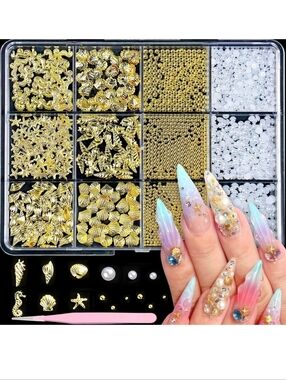 Gold & Pearl Nail Art Charm Kit with Seashell Accents